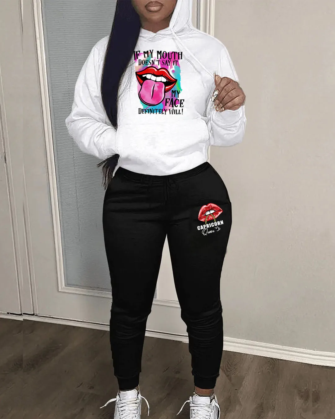 Damski dres jesienny, ciepły komplet: bluza z kapturem, dwuczęściowy, oversize, z nadrukami, casualowy, bluza z kapturem, długie spodnie.