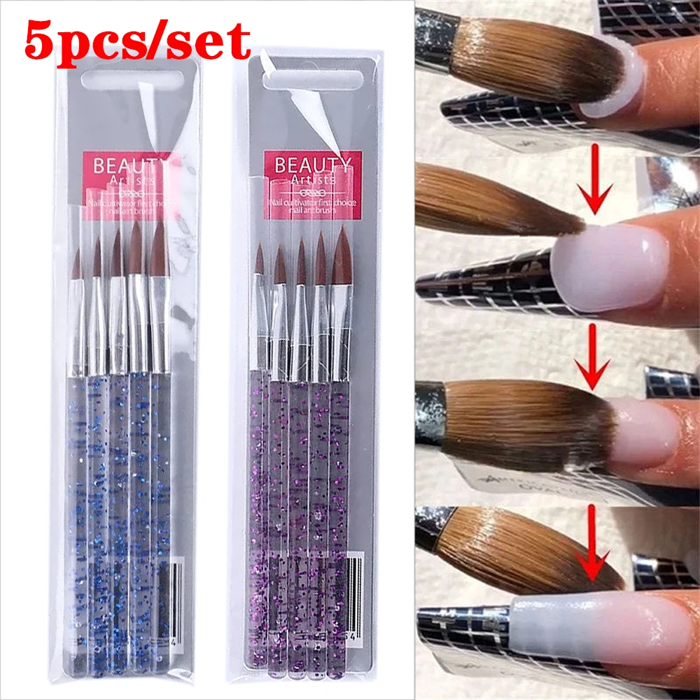 

5 Pcs Crystal Handle Acrylic Powder Nail Brushes UV Gel Drawing Painting Brushes Carving/Extension Pen Professional Nail Tools