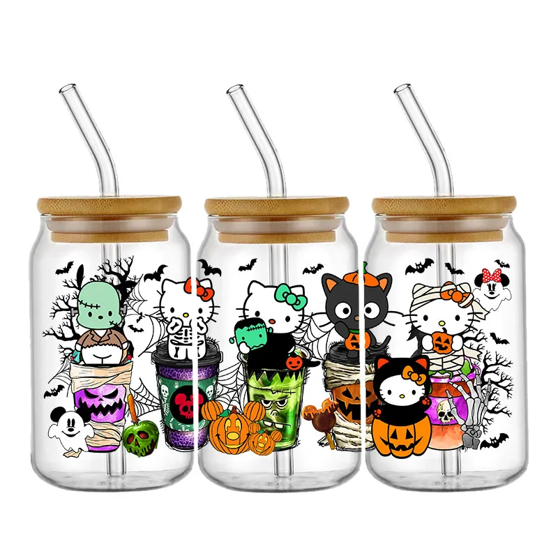 Halloween Disney Horron UV DTF Wrap For 16oz Libbey Glass Can DIY Libbey Glass Can UV DTF Transfer Senior 3D Sticker Bad Witches