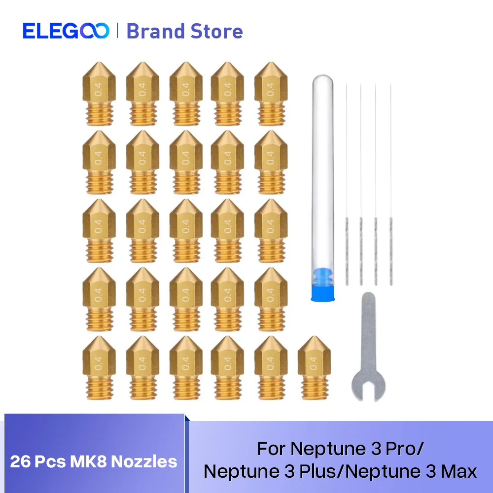 ELEGOO 26 Pcs 0.4mm MK8 Nozzles, 3D Printer Brass Hotend Nozzles with Needles and DIY Tools for Neptune 3/3 PRO/3 Plus/3 MAX