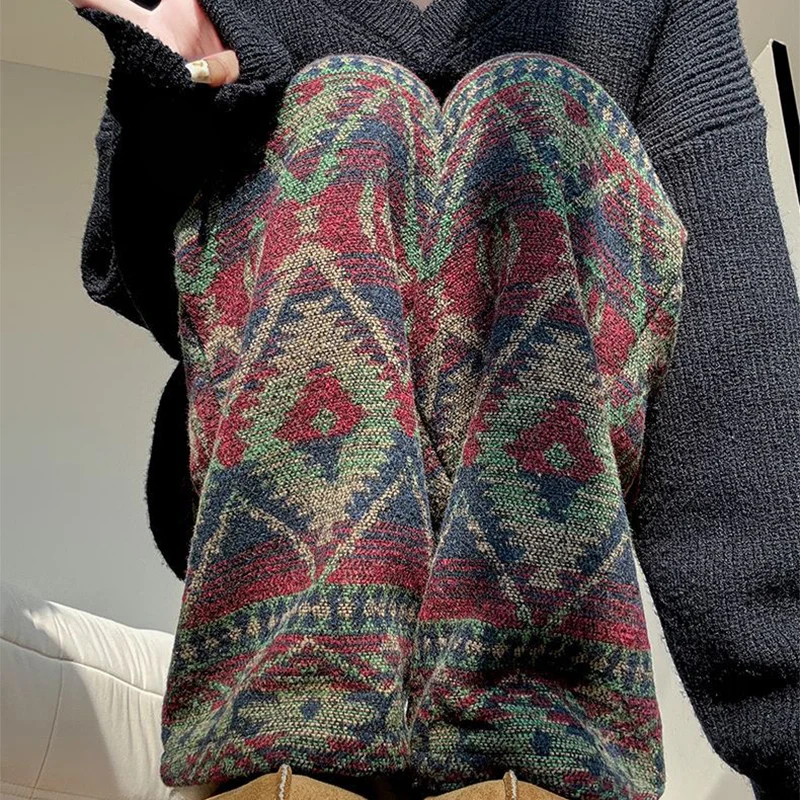 Etnische stijl mix kleur broek vrouw winter fleece dikker rechte broek vrouw mode losse hoge taille wijde pijpen broek dames
