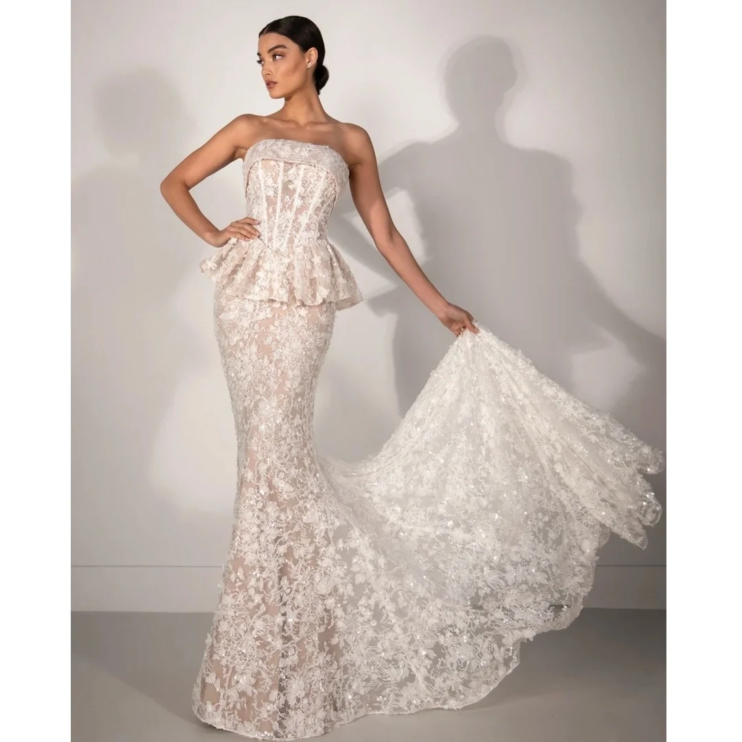 

Mermaid Wedding Dresses Lace Sequined Strapless Bridal Gown Ruffles Elegant Party Dress robe de mariée Customized