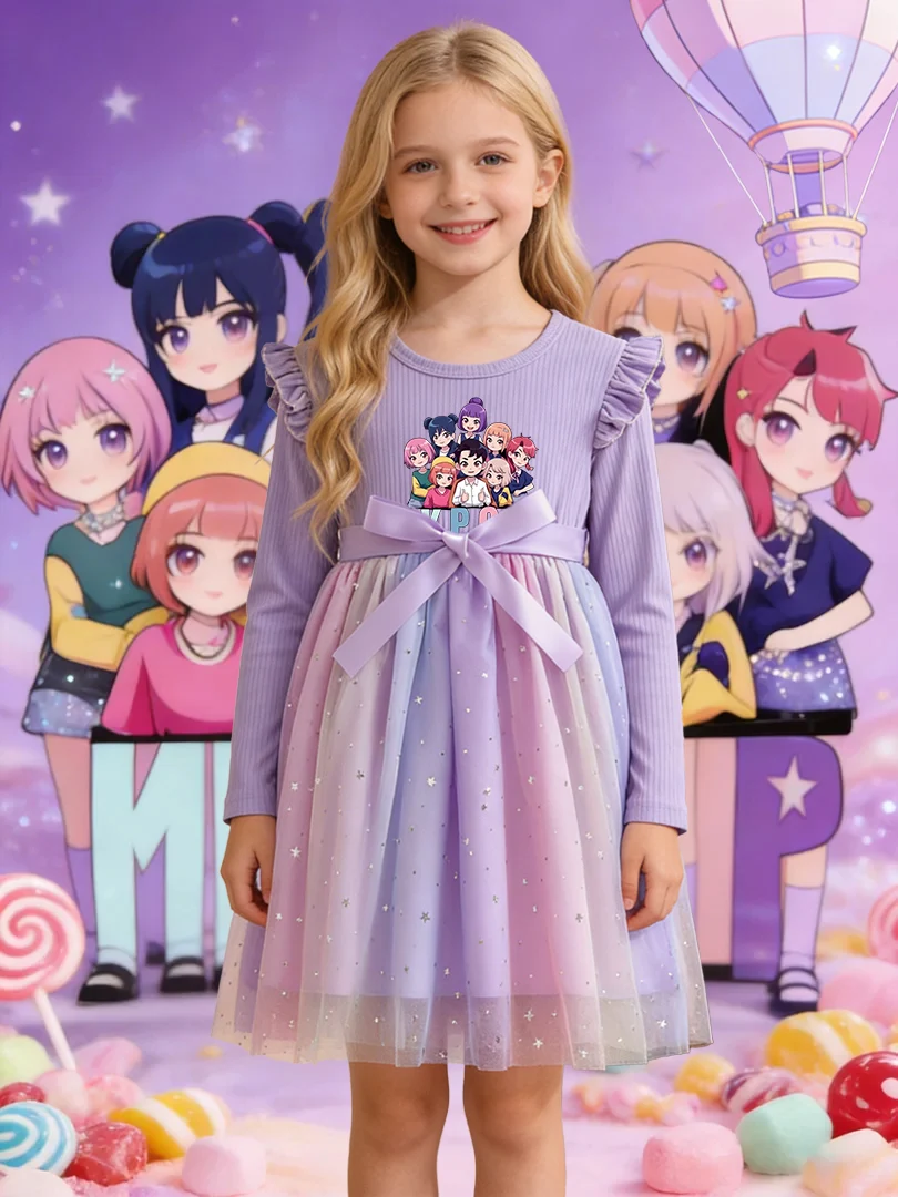 Cartoon Girl Group Printed Dress for Girls, Gradient Starry Sky Tulle Princess Dress