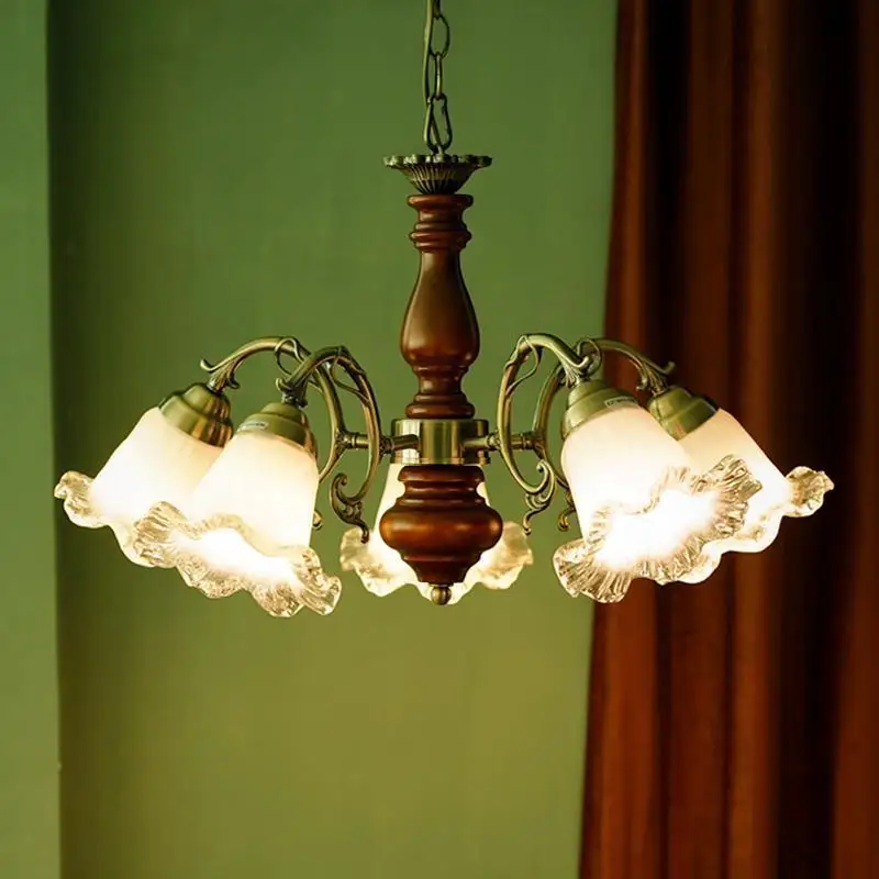 

American Pendant Lights Walnut Living Room Dining Room Pendant Light Vintage Glass Flower Lampshade LED Ceiling Light Luminaires