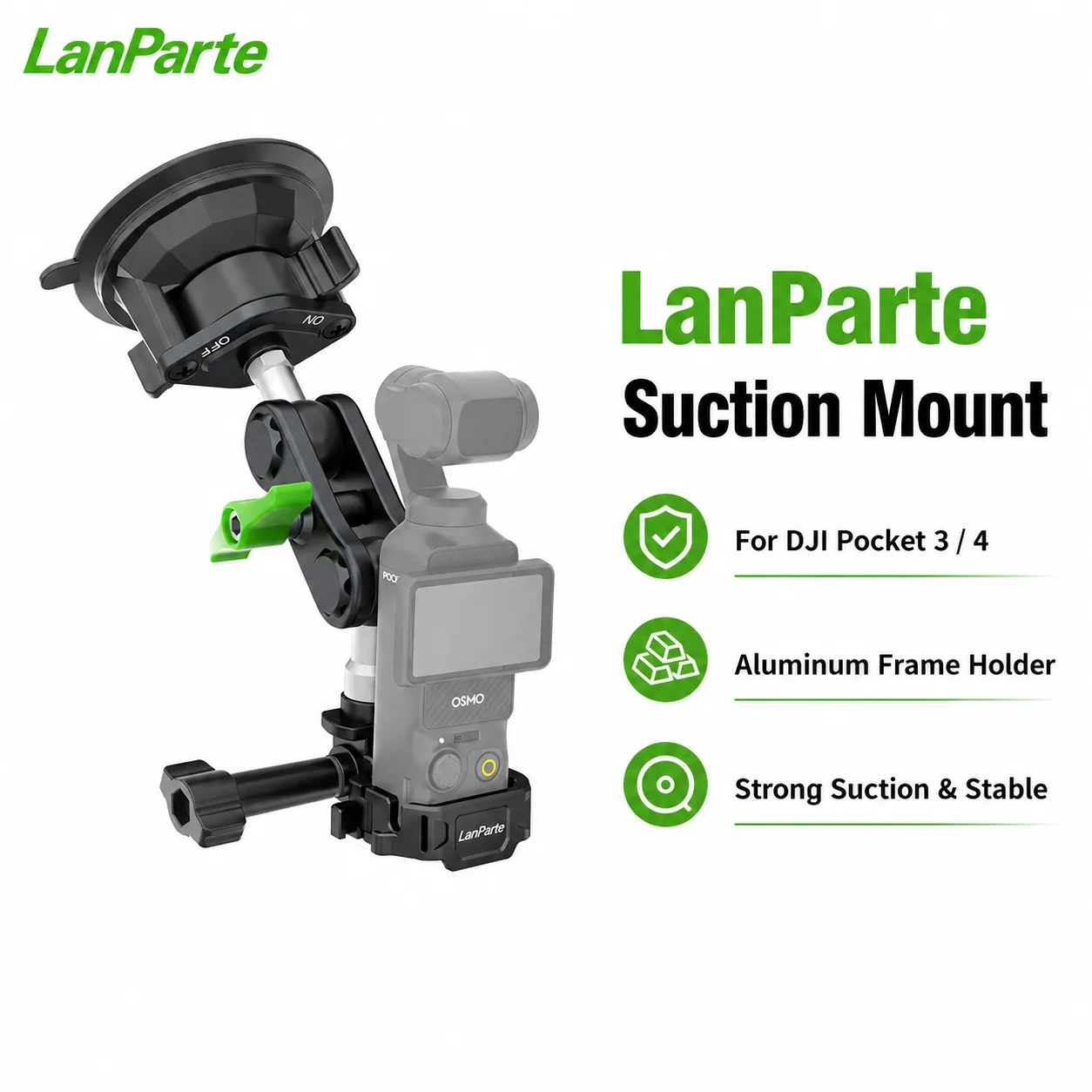 LanParte Suction Cup Mount Holder for DJI Osmo Pocket 3 4 Aluminum Expansion Frame Car Windshield Camera Bracket