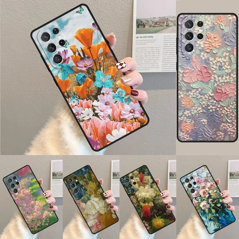 Cover For Samsung Galaxy S24 Ultra S21 S22 S8 S9 S10E Note 10 20 Plus FE S23 Oil Painting Boho Flower Art Phone case Coque