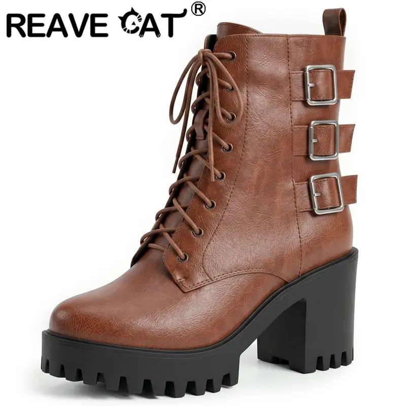 Botas REAVE CAT amarillas para mujer, a media pantorrilla, punta redonda, tacón de bloque de 8 cm, plataforma de 3 cm, con cremallera y cordones, tallas grandes 41, 42, 43, estilo punk informal.