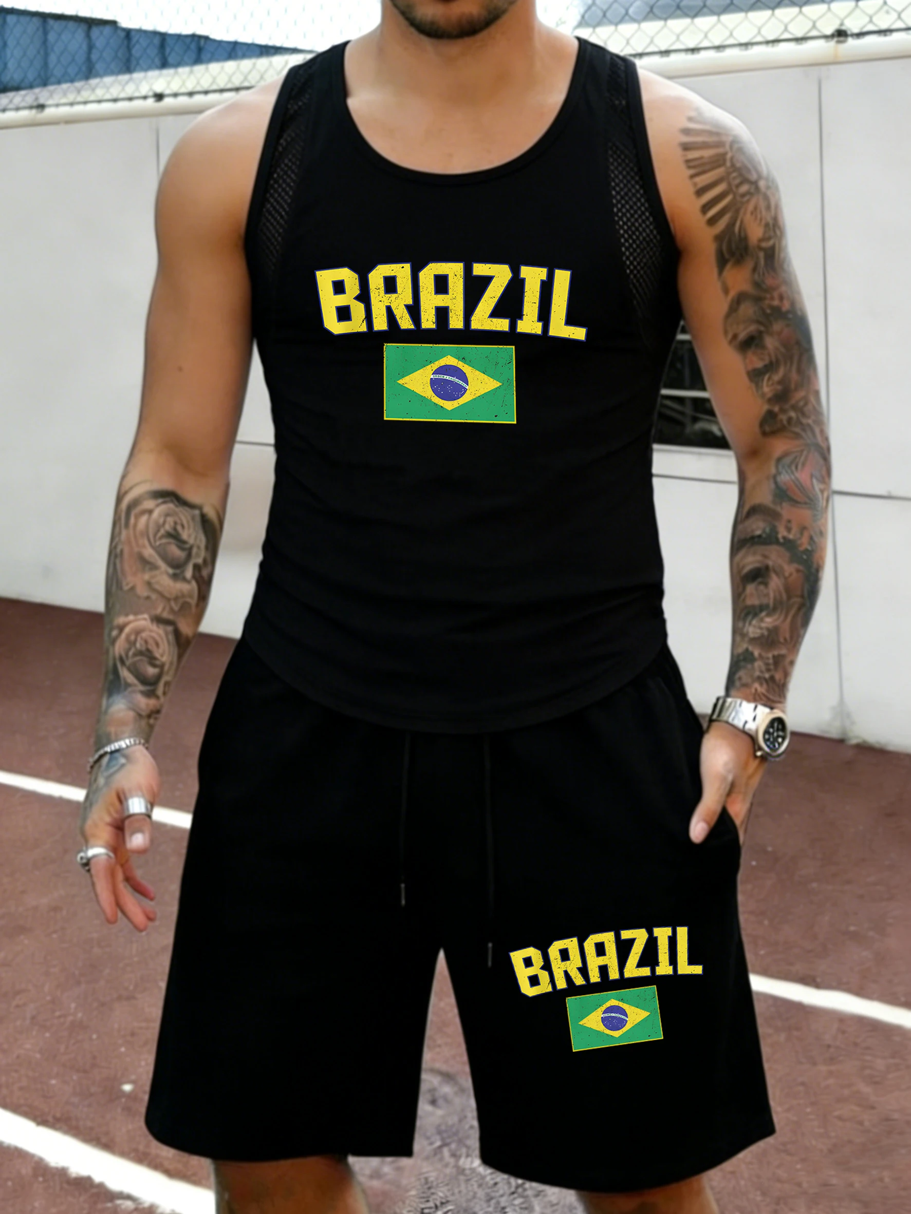 

Brazil Letter And Flag Design Male Mesh Summer Short Sets Cool Street Sportpants Suits Basic Fashion Vest Loose Outdoor Shorts