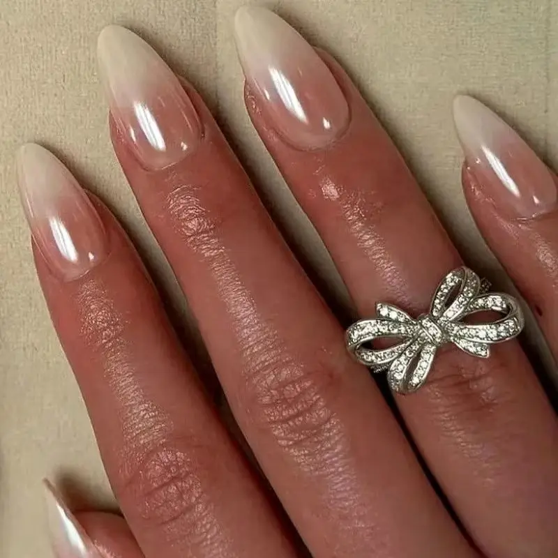 

Shiny Gradient Aurora Almond False Nails Long Pointed Fake Nail Art Cat Eye Glitter Powder Stiletto Press on Nails Manicure Tip