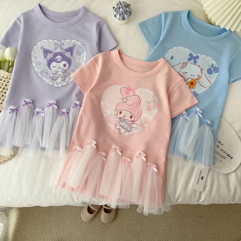

2025 Cinnamoroll My Melody Anime Kawaii Sanrio Ins Fashion Short Sleeve Skirt Cute New Mesh Dress Clothes Gifts for Kids