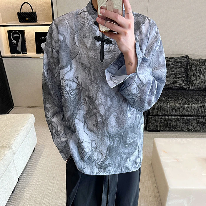 

Новая китайская мужская рубашка с длинным рукавом и принтом, пальто-накидка, костюм Тан, костюм Чжунган, с узором «Водяные знаки», весна 2023, модная коллекция