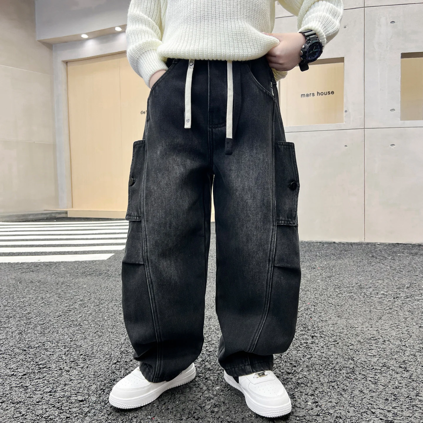 الصبي الأمريكي Y2K 2025 جديد فضفاض واسعة الساق الجينز الأسود المتضخم الصبي الشارع عادية جوكر الدنيم السراويل زوجين الجينز خمر القاع #4