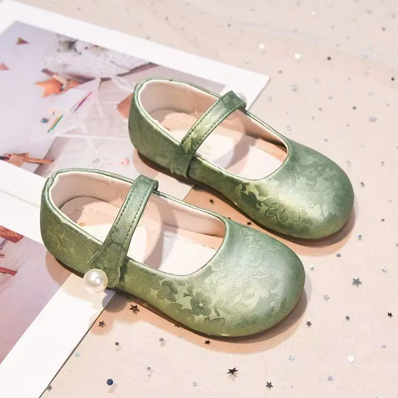 2026 New Girl's Hanfu Leather Shoes Spring Autumn New Soft sole Round Toe Shallow Velcro Retro Flat Sole Nude Shoe Princess Shoe