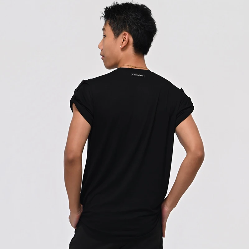 Top da ballo latino da uomo maniche corte piccolo scollo a V maglietta nera Rumba Cha Cha abbigliamento da allenamento top per pratica professionale BL16955