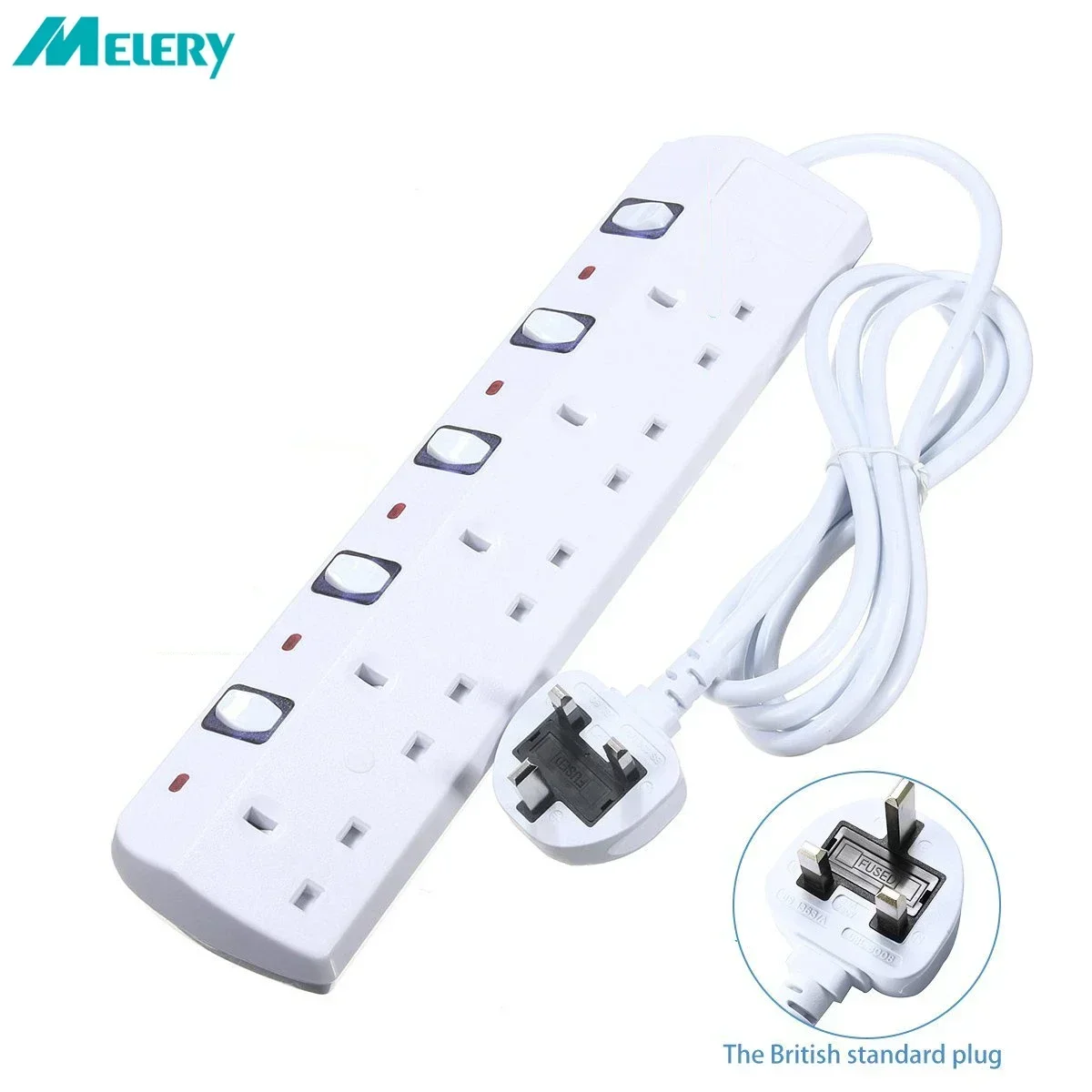 Melery Power Strip Surge Protector 5 Way AC UK Outlets Plug Sockets Individual Switch Electrical 2m Extension Cord Home Office