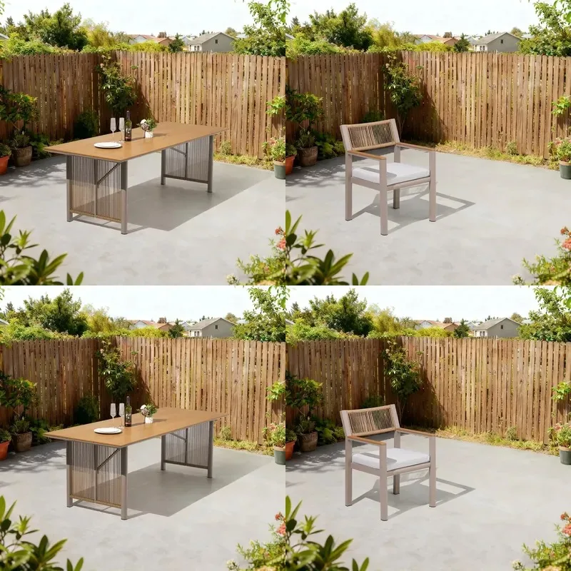 Modern outdoor furniture set, durable aluminum frame, rattan chair, seat cushion, plastic wood 2.0 meter table