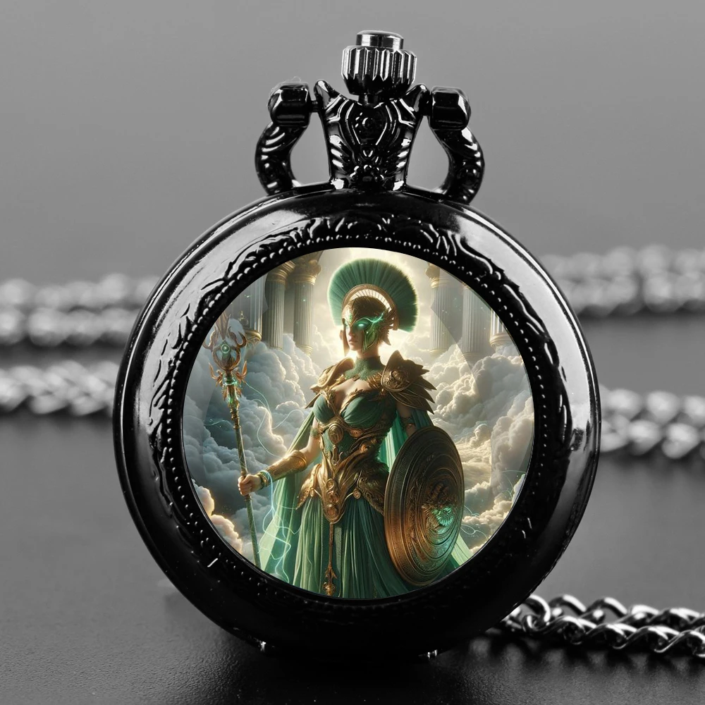 ساعة جيب كوارتز سوداء على شكل قبة زجاجية من Goddess Athena مع قرص أرقام عربية وسلسلة متينة هدية للرجال والنساء