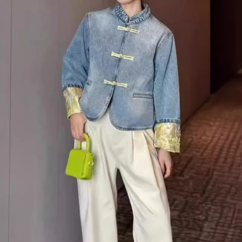 

Lemongor женская джинсовая куртка в китайском стиле ретро Ципао воротник-стойка пуговицы свободный крой с длинными рукавами повседневные джинсовые пальто