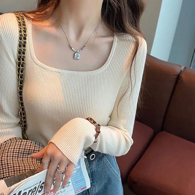 Square Collar Sweater For Women Korean Style Y2k Autumn Winter Long Sleeve Knitted Tops Solid Pull Femme Pullovers Slim Jumper