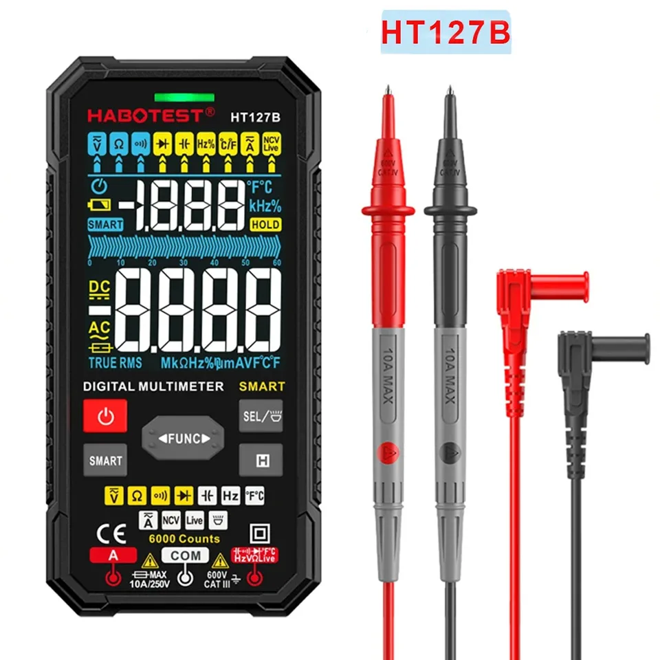 HT127B profesjonalny multimetr cyfrowy zakres Smart Auto AC napięcie prądu stałego prąd Ohm Hz 6000 liczy duży ekran True RMS Test Temp