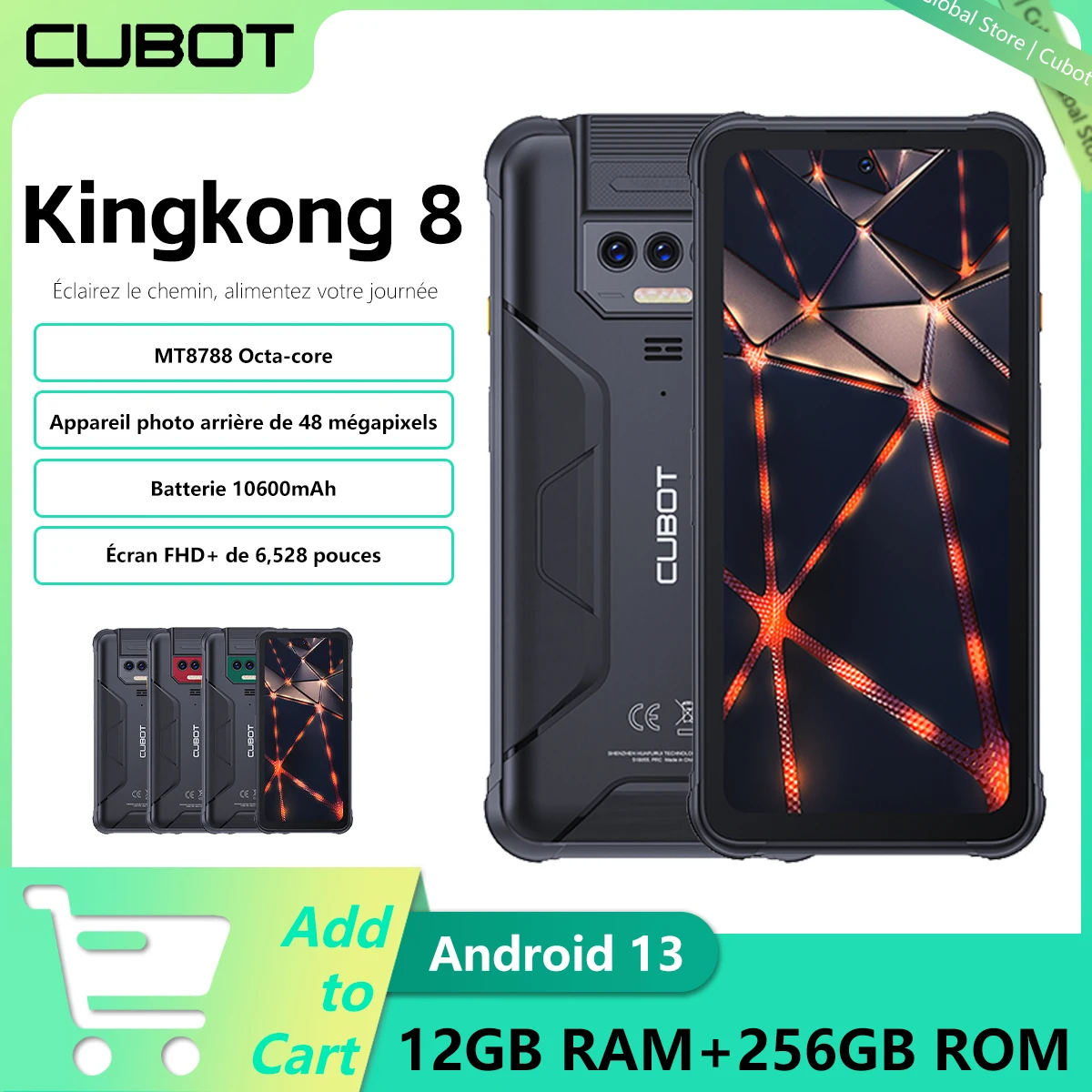 Cubot KingKong 8 robuuste smartphone 6,528 inch Android 13 12 GB RAM (6 + 6 GB), 256 GB ROM, 10600 mAh batterij, 48 MP camera Octa-core NFC