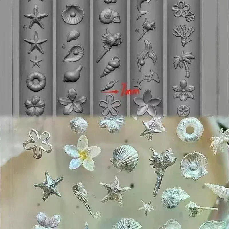 오션 시리즈 동물 실리콘 몰드 바다 조개 콘치 네일 스탬프 플레이트 불가사리 해파리 3D 소프트 참 매니큐어 몰드 스텐실 도구