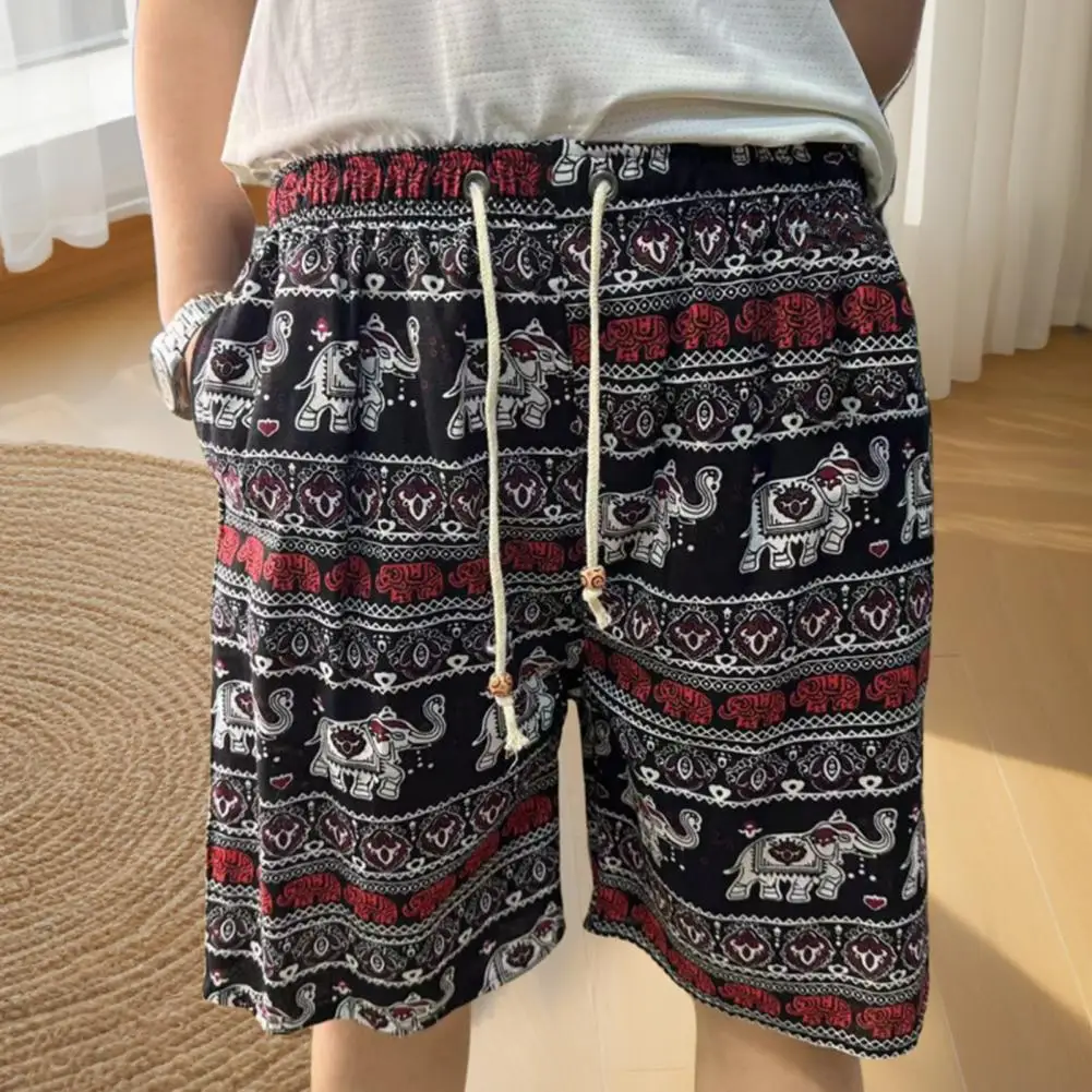 Men Summer Shorts Elephant Pattern Wide Leg Vacation Shorts Casual Elastic Waist Adjustable Drawstring Quick Drying Beach Shorts