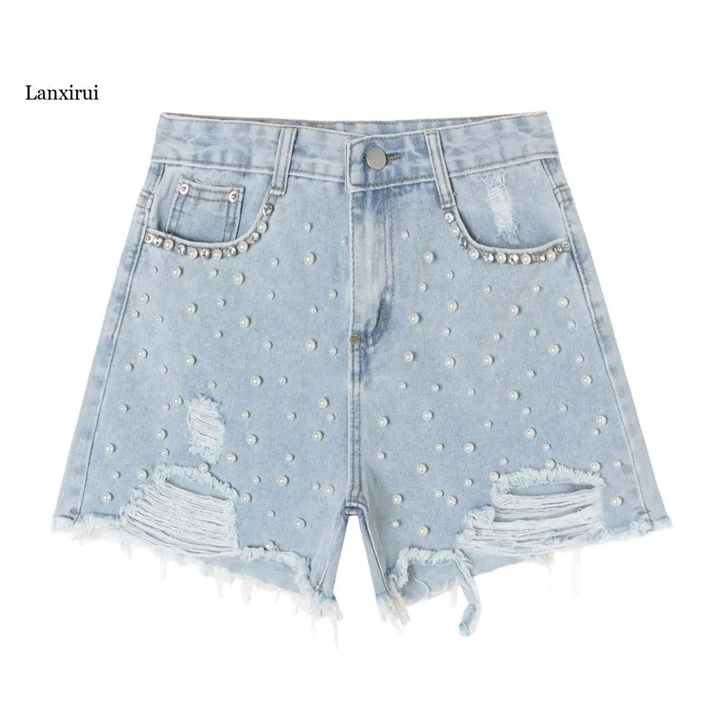 

New Summer Denim Shorts Women Fashion Nail Bead Inlaid With Diamond Temperament Tassel Wide Legged Short Pants