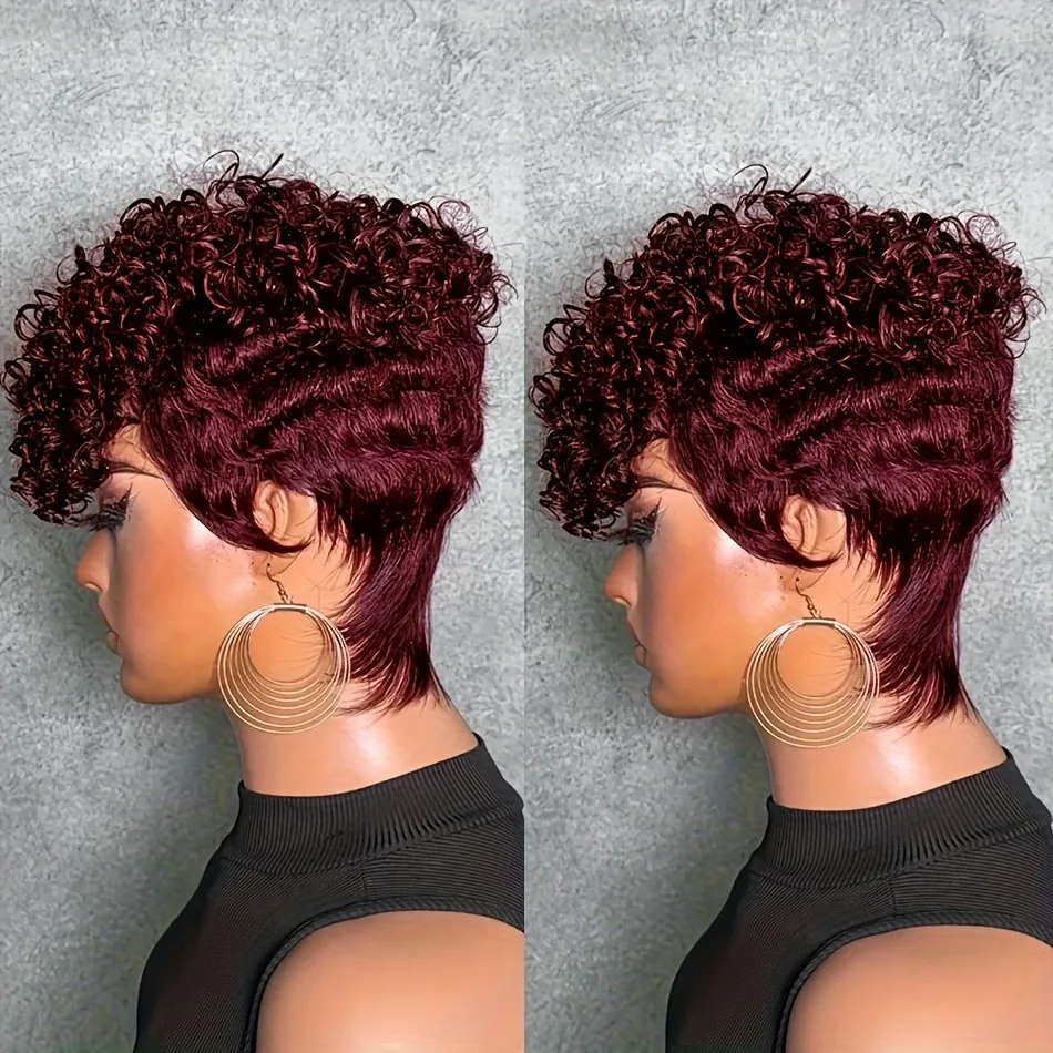 

Женский парик Remy, полностью машинное производство, парик из человеческих волос, 8-дюймовая стрижка пикси с челкой - 99J темно-красный/бордовый вьющийся волна, для повседневной носки