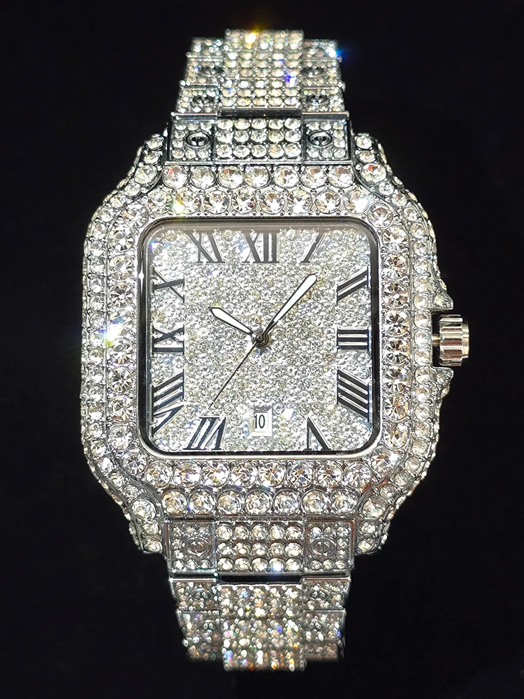 Men's Hip Hop Quartz Watch Fashion Iced out Diamond Men Watch Square Dial Calendar Luminous Feature Wristwatches Gift for Man