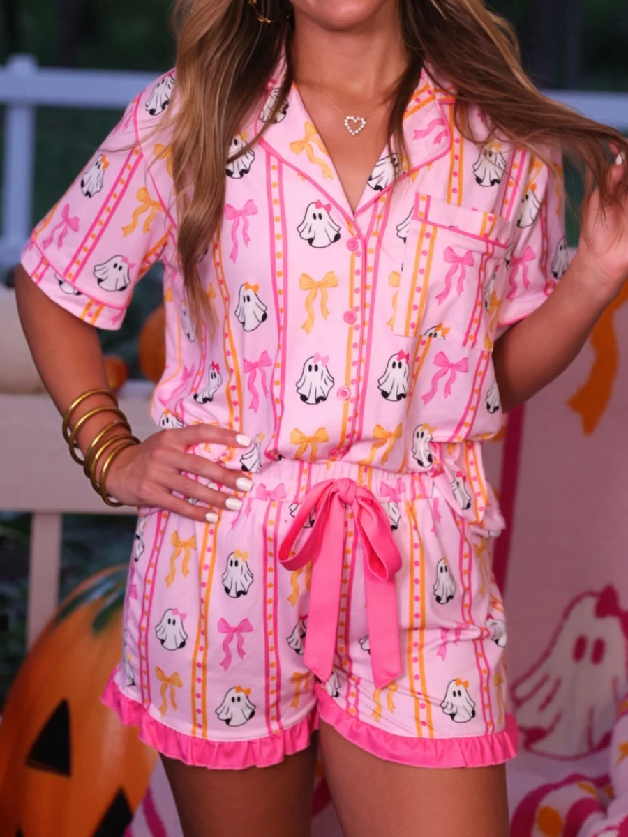

Womens 2 Piece Halloween Pajamas Set Y2k Cute Short Sleeve Ghost Bow Print Shirt + Shorts Set Lounge Clothes