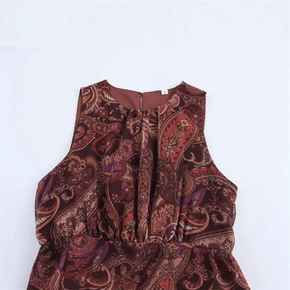 فستان بني على الطراز الفرنسي للنساء 2025 فستان جديد بطبعة زهور بقصة ضيقة بدون أكمام غير رسمي برقبة دائرية متعدد الطبقات وكشكشة #6