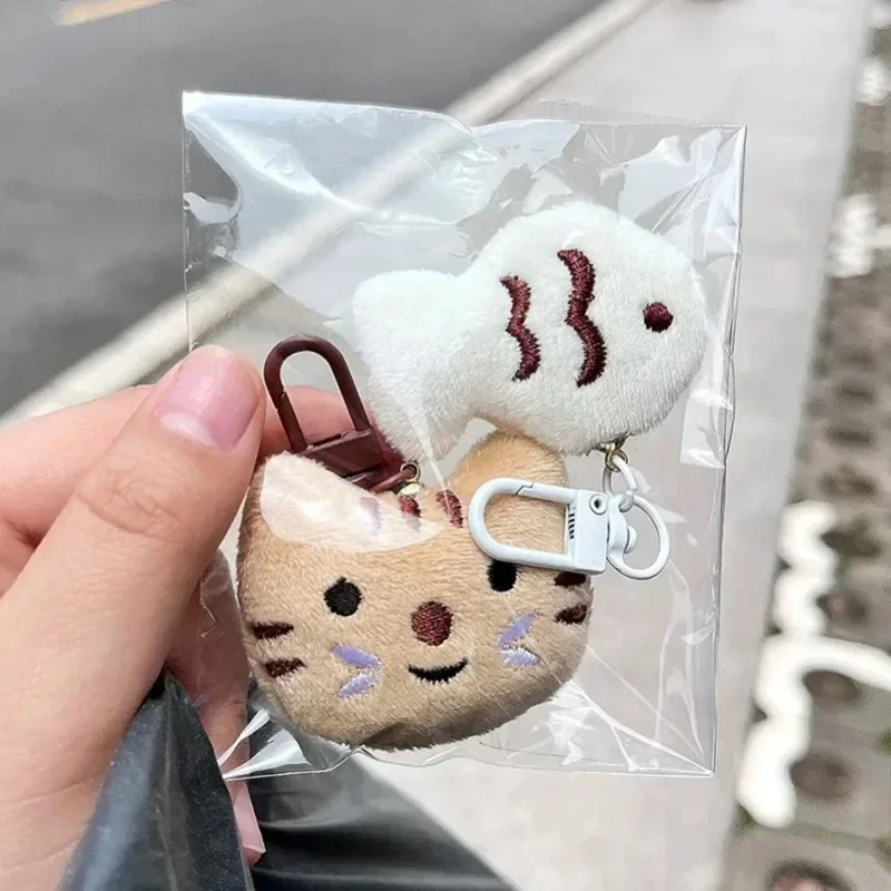 1-2pcs Cartoon Plush Toy Keyrings Couple Cute Little Cat Fish Key Chains Couple Funny Kitten Doll Bag Hanger Pendant Jewelry