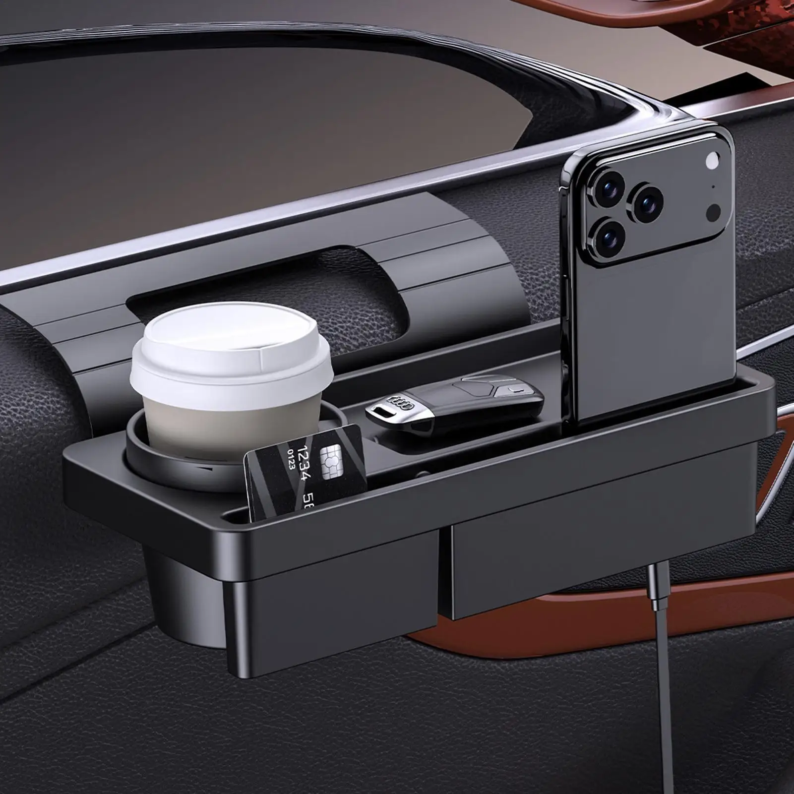 

1pc Multifunctional Car Organizer Box With Cup Holder Drink Holder Side Door Window Phone Slot Hanging Storage Rack For Vehicle