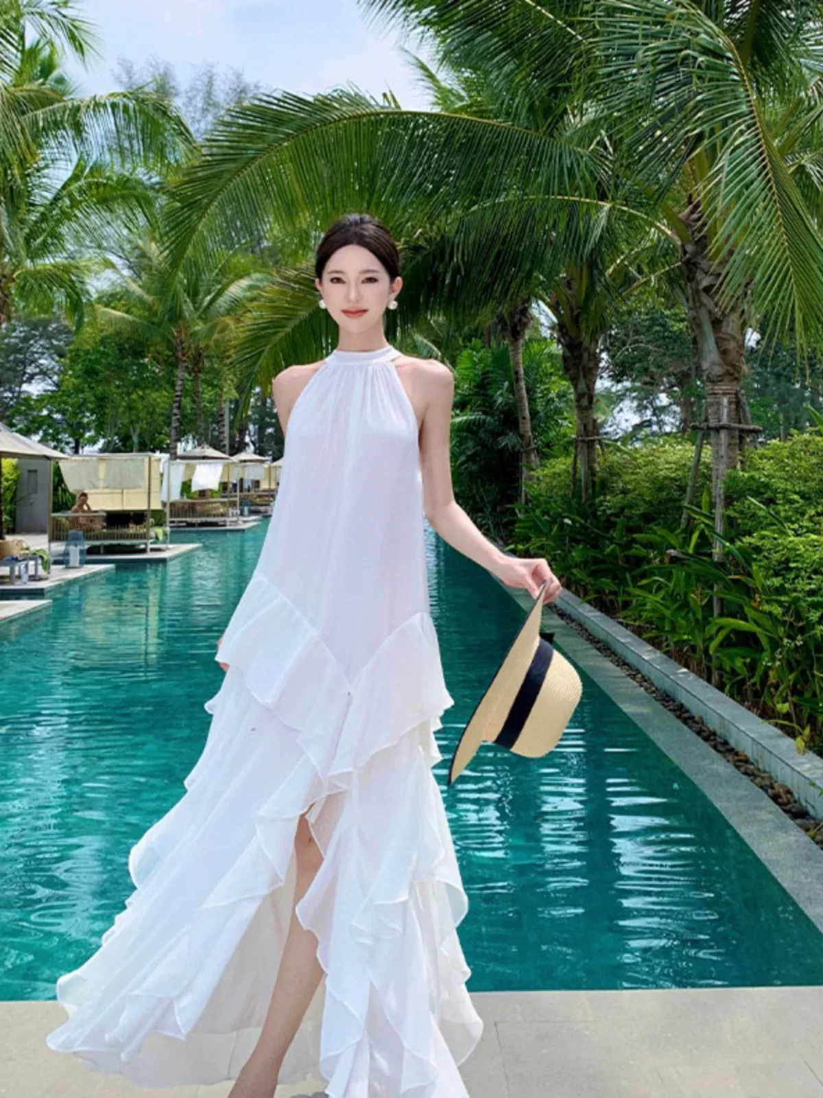 Mulheres praia férias vestido longo fita bolo tropical camadas vestido senhora viagem lua de mel tailândia maldive bali doce vestido de fadas