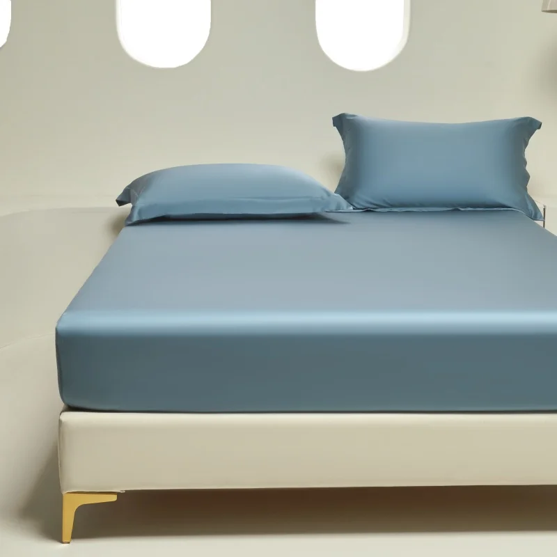 Blue Fitted Sheet Natural Plant Lyocell Matterss Cover Deep Pocket&360 Around Elastic Breathable Silky Bed Linens 152*203cm*1pc