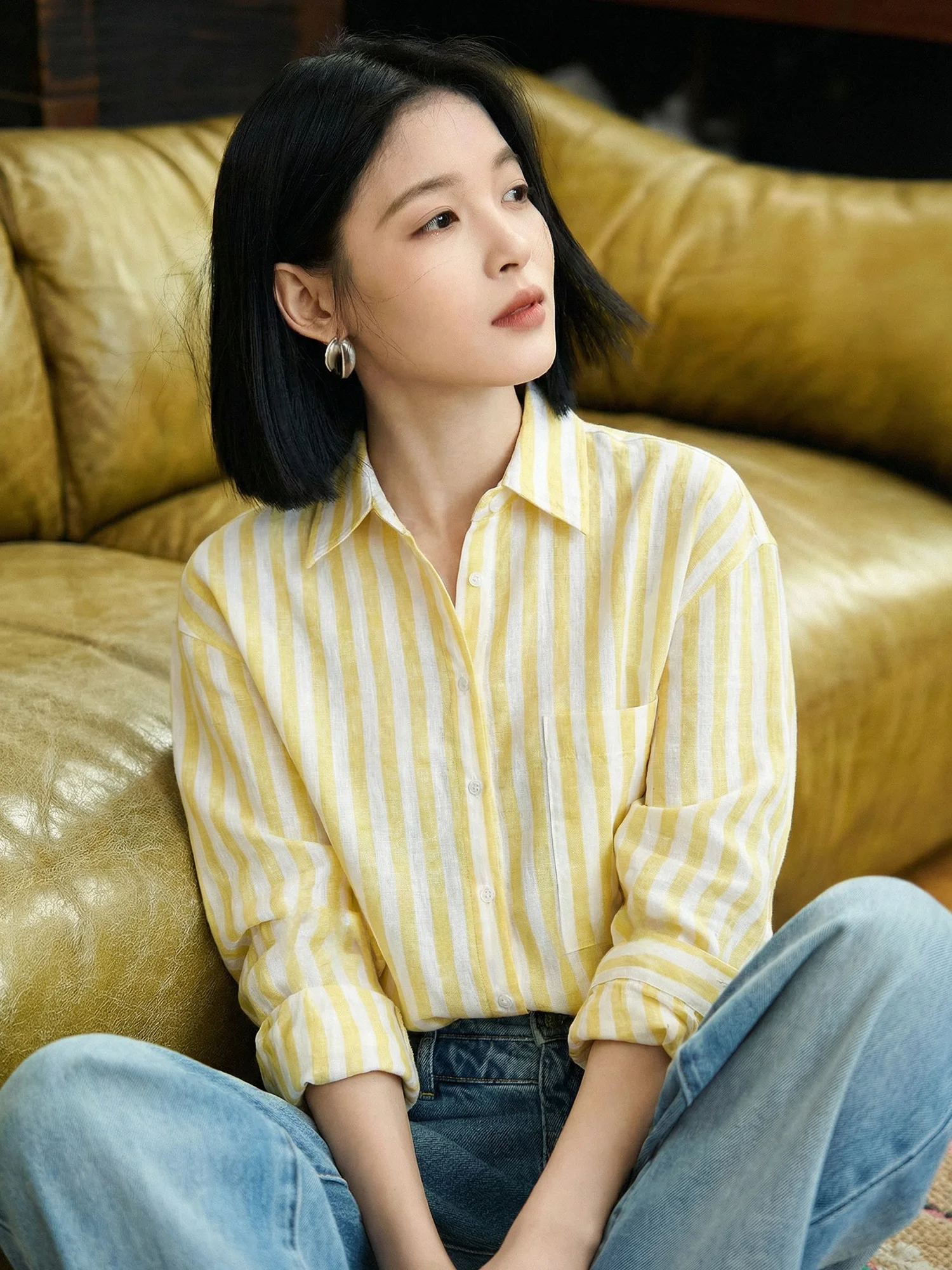 

Chivirin Women's Long Sve Striped irt Linen Material Turn-down Collar Versatile Outerwear Spring Faion Fre Sle