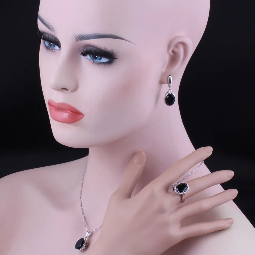 Splendid Black Cubic Zirconia Silver Plated Jewelry Sets Earrings Pendant Chain Ring V0264