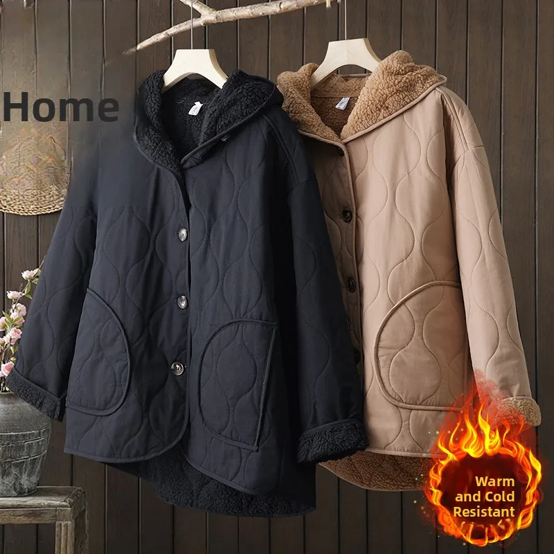 

Зимняя куртка больших размеров для женщин: модное утепленное хлопковое пальто с капюшоном, теплое пальто из чистого хлопка со стильной внутренней отделкой из овечьего флиса