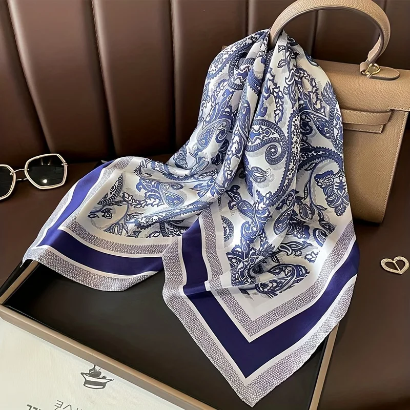 Women's Blue Paisley Print Scarf Bohemian Style Soft Satin Elastic Square Scarf Wind Sun Protection Fashion Accessory Hairbands