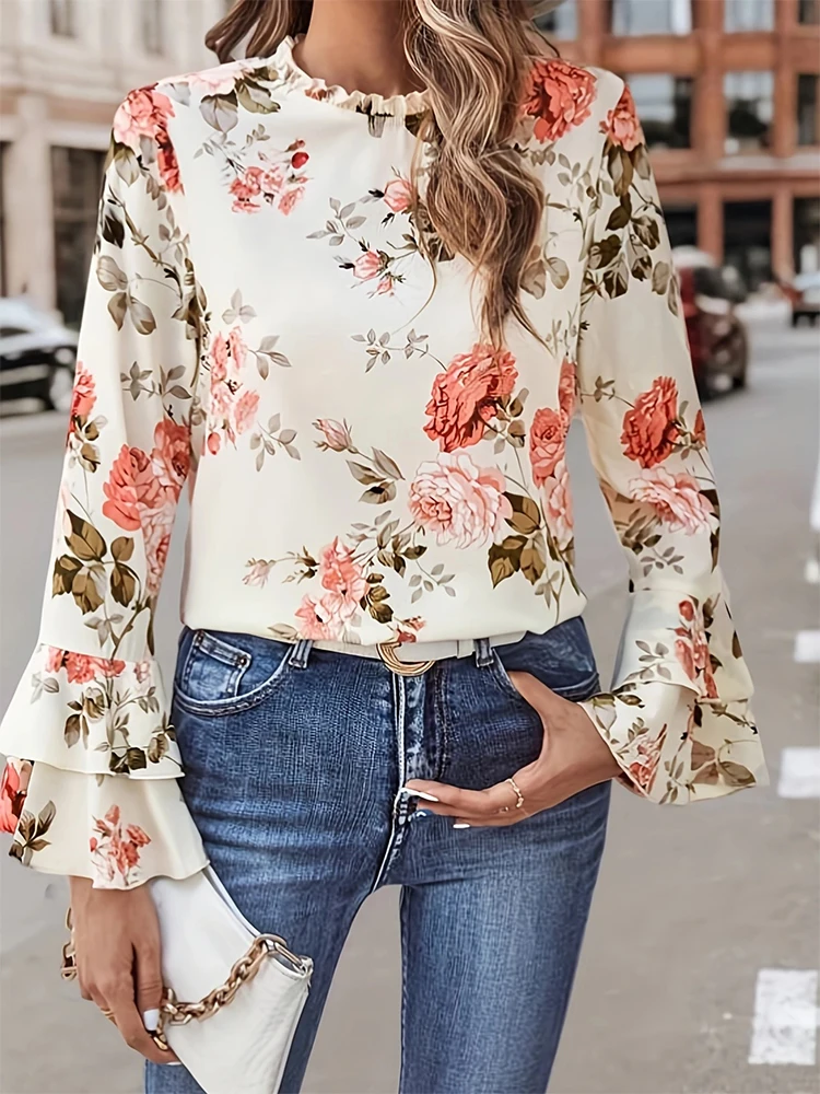 

Fashionable Spring Summer Women's Floral Print Bell Sleeve Collar Shirt Elegant Atmosphere Casual Wear