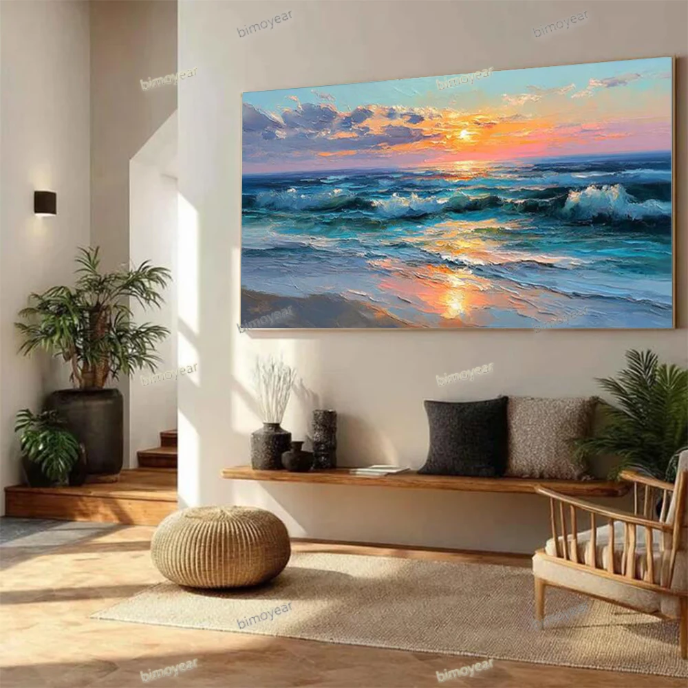 Thick Textured Sunset Abstract Oil Painting, Waves, Coastal Wall Decoration, Large Canvas Mural, Modern Living Room Decor