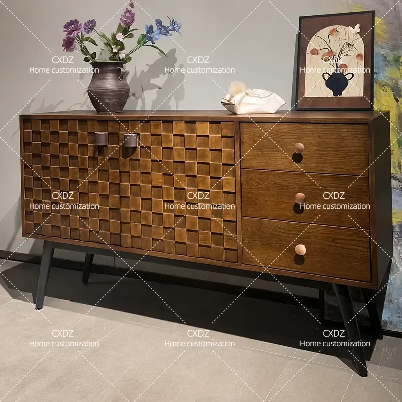 Retro Solid Wood Side Cabinet Antique Style Simple Storage Locker Coffee Bar Console Table for Living Room Home Furniture