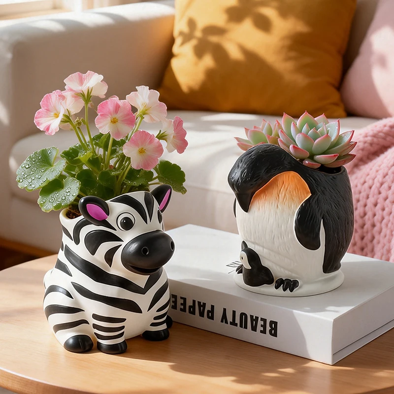 Cute Matte Multicolor Textured Resin Penguin Zebra Shaped Succulent Plant Pot Home Outdoor Balcony Desktop Decor Figurine