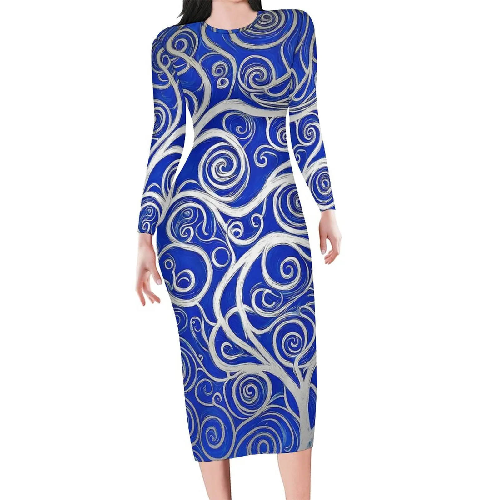 

Trees With Swirls Dress Women Abstract Painting Fashion Bodycon Dress Autumn Long Sleeve Sexy Dresses Pattern Oversized Vestidos