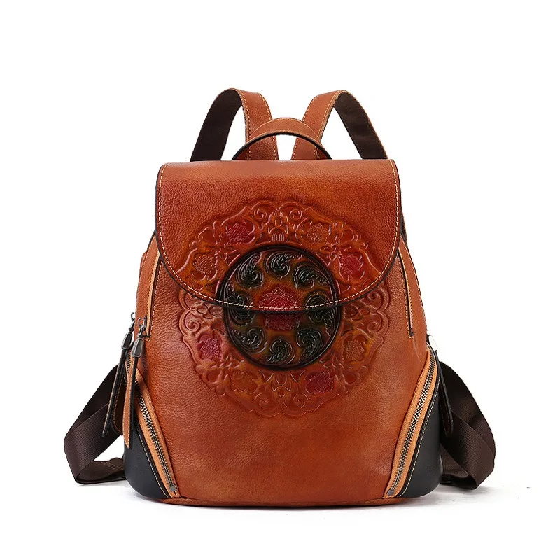 Nesitu Highend Flower Vintage Red Brown Grey Green Top Grain Genuine Leather Women's Backpack Cowhide Girl Travel Bag M8098