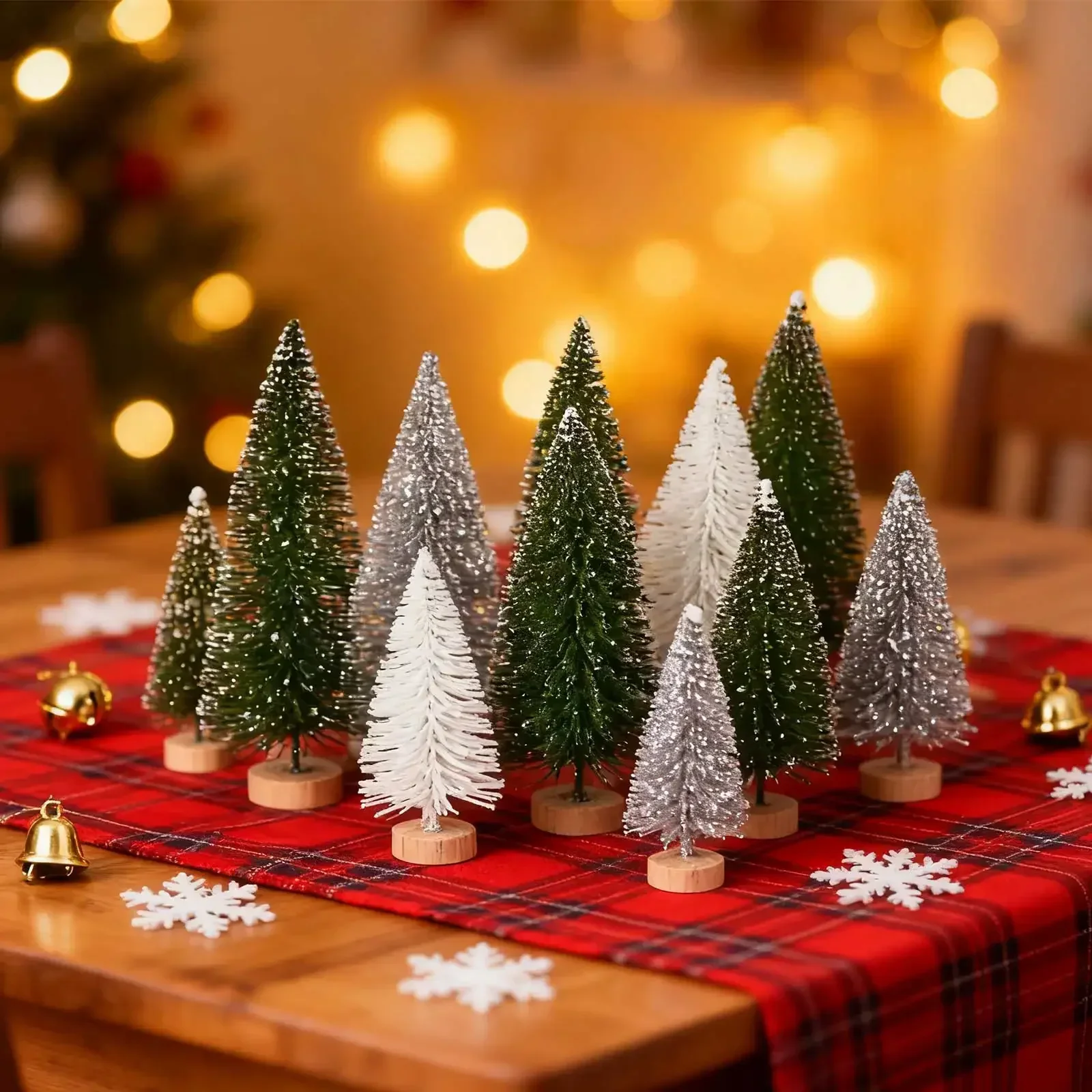 30pcs Mini Christmas Trees Artificial Christmas Tree Bottle Brush Trees with Wooden Base for Christmas Decor Party Home Table Craft Decorations (Silver,Green) 1