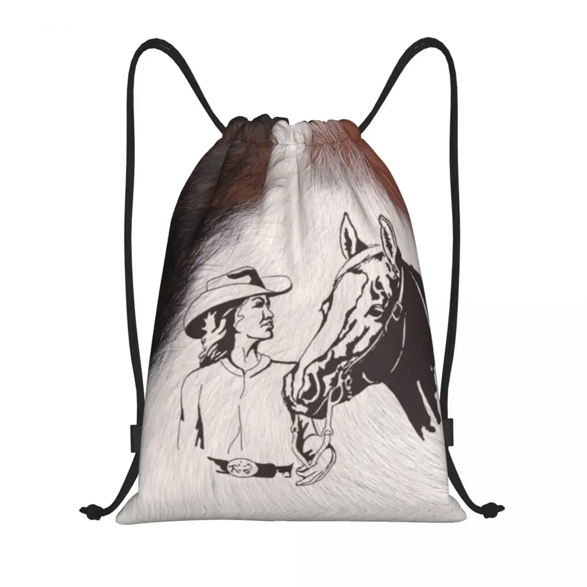 Horse Cowgirl Western Cowhide Cow Hair Drawstring Backpack Sports Gym Bag for Women Men Animal Texture Shopping Sackpack