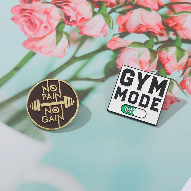Sports Theme Badge Pins Brooch Gym Mode On No Pain No Gain Enamel Corsage Lapel Pin Accessory Backpack Clothing Ornament Gift Fo
