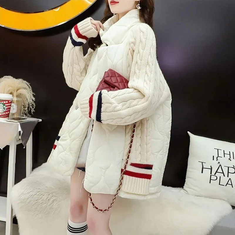 New Womens Blue Sweater Splicing Padded Jacket Autumn Winter Thick Warm Down Cotton Coat Female Knitted Cardigan Parker Overcoat